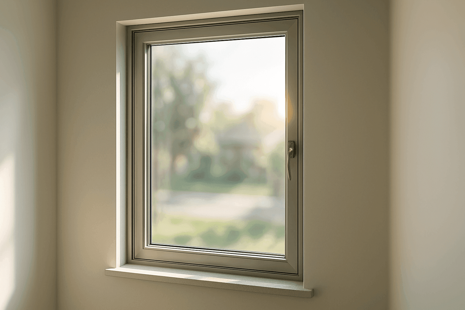 Close-up of energy-efficient double-pane window with sunlight streaming through