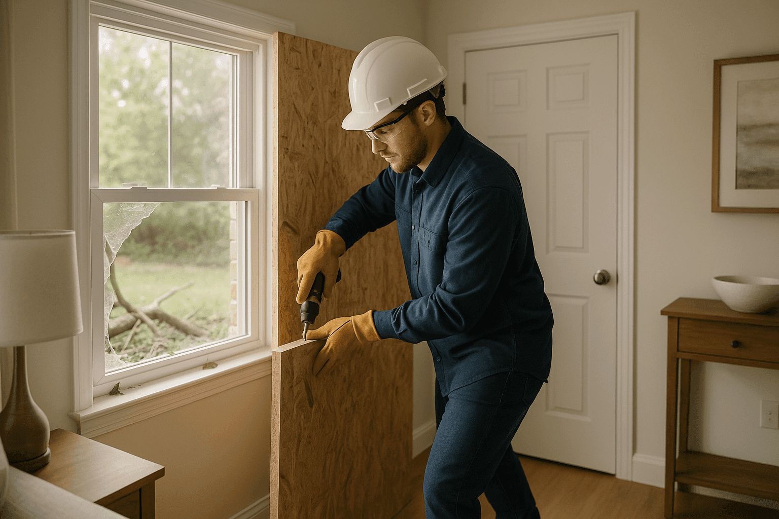Técnico cubriendo una ventana rota tras una tormenta en una casa suburbana