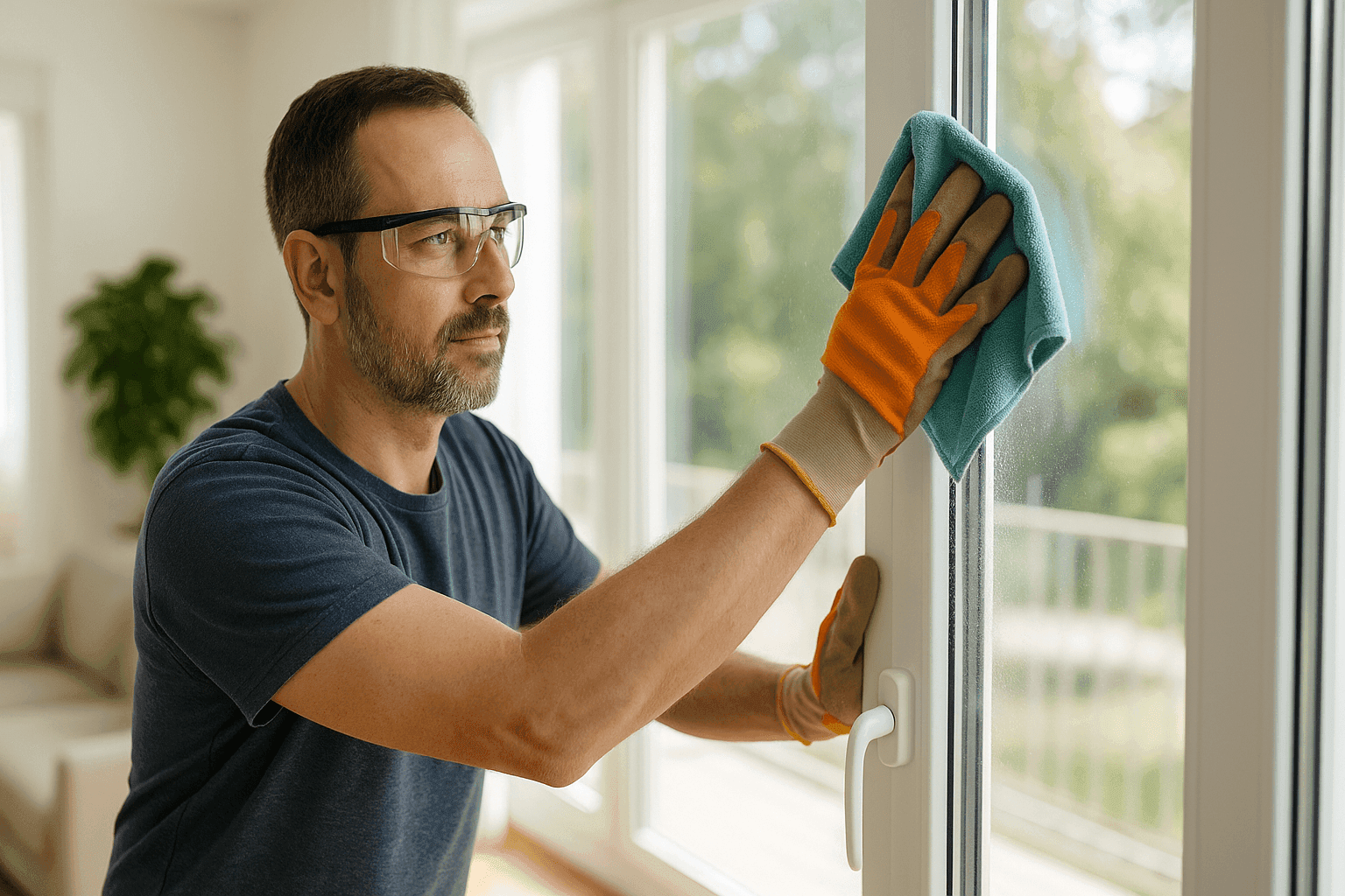 Propietario limpiando el vidrio de una ventana con un paño de microfibra