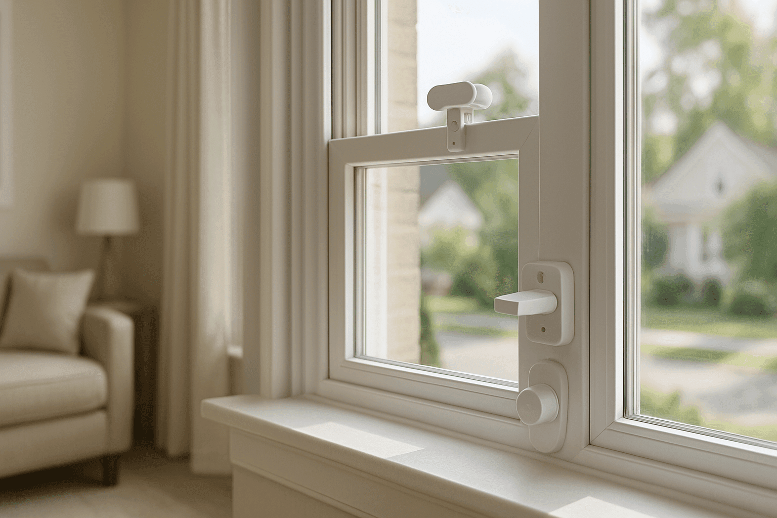 Ventana con cerradura de seguridad y pestillo a prueba de niños en una sala familiar